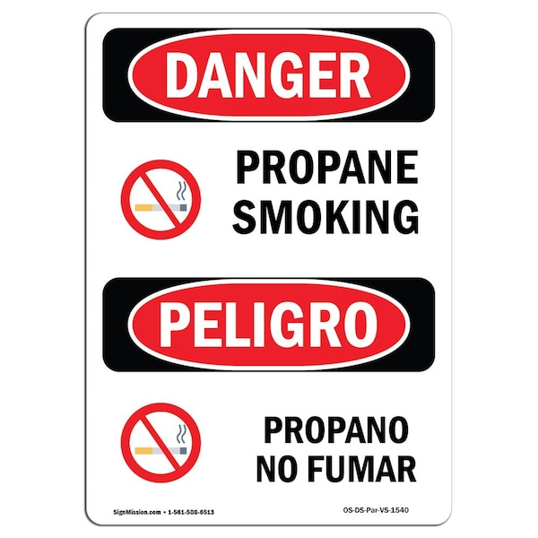 OSHA Sign, Propane No Smoking W/ Symbol, 18in X 12in Aluminum, 12" W, 18" L, Bilingual Spanish